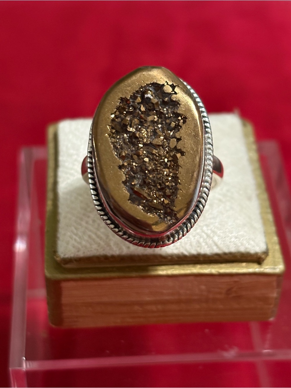 Flash Sale🚩HUGE Gold Druzy Oval Sterling Silver Statement Ring - size 9